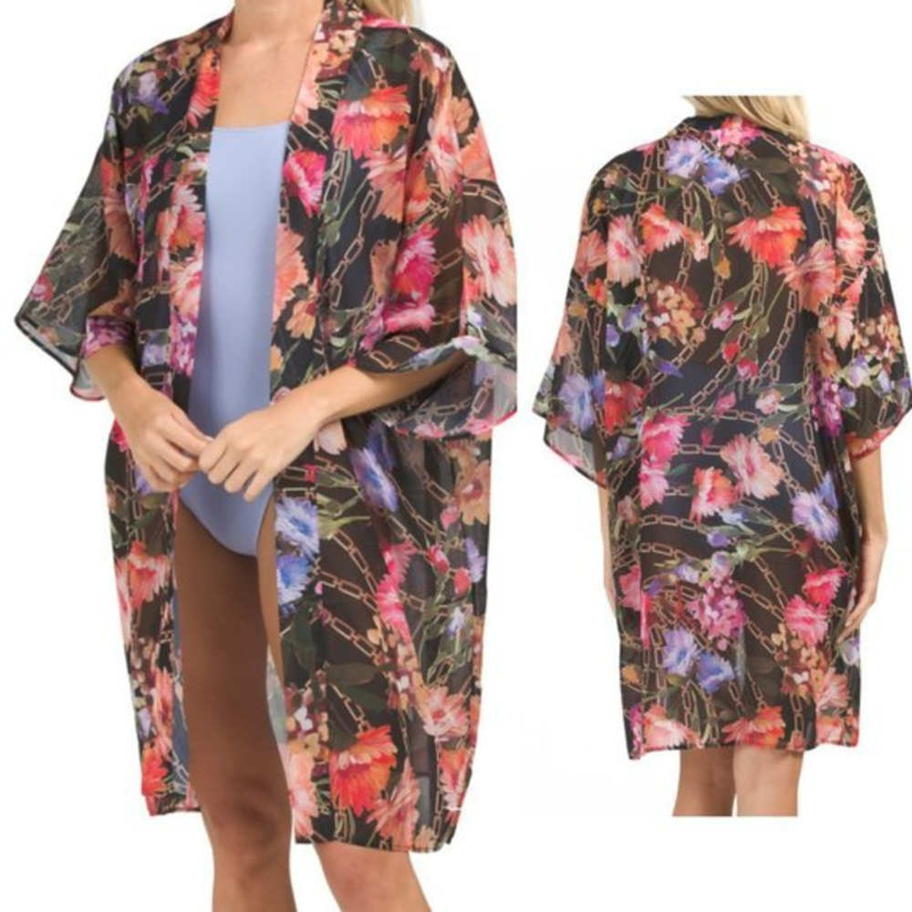 Gottex Flora Caftan Open Kimono Swim Cover-up Multicolor L